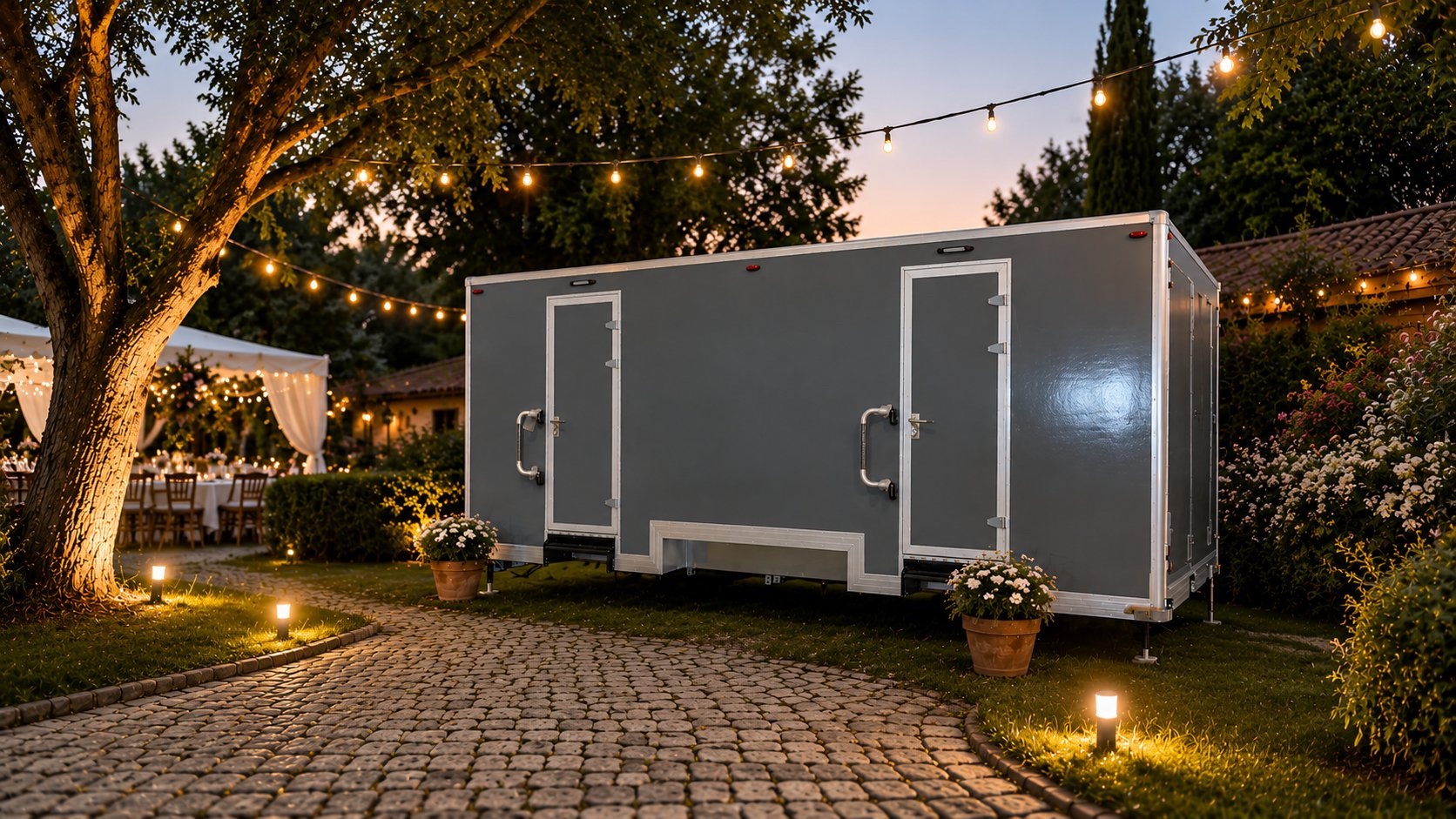 Unidade instalada num jardim, com luzes suspensas