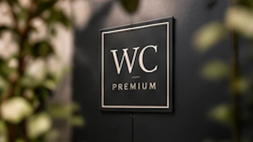 Placa WC Premium numa parede escura, entre folhagem