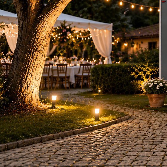 Caminho iluminado entre o jardim e as mesas