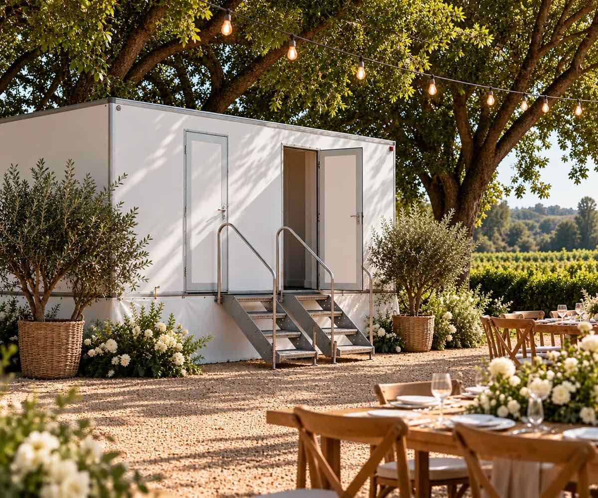 Unidade WC Premium branca com duas escadas de acesso, junto a mesas de casamento numa vinha